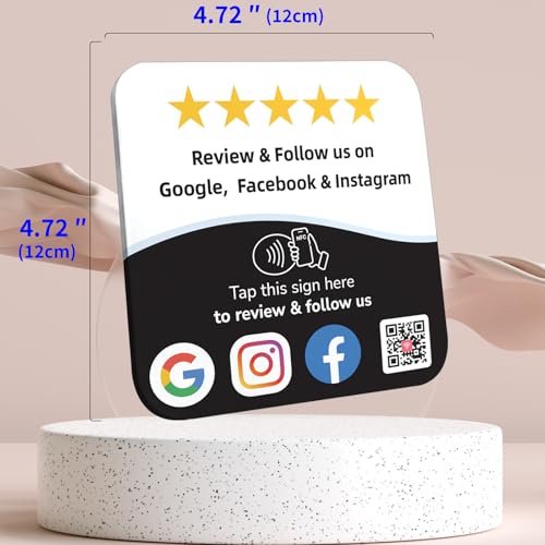 Review Tap Card & Social Media Sign NFC Plate ? NFC Review QR Code Sign compatible with Instagram & Facebook QR Code Follow Us ? Tap or Scan Business Rating Display with Stand & Adhesive ? No App/Fees