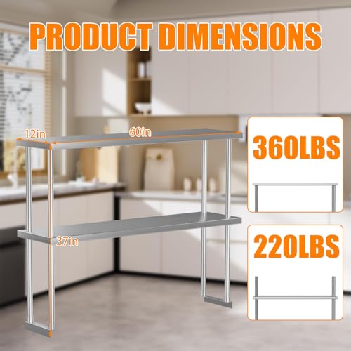 FinerFurnis 12 x 60 Stainless Steel Overshelf - 2-Tier Commercial Kitchen & Prep Shelf