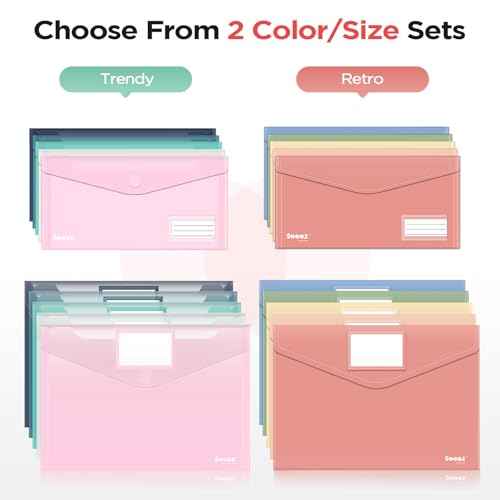 Sooez 10Pack Plastic Envelopes, Plastic File Folders, Clear Folders for Documents Trendy Colors, Super Heavyweight Document Holders, Storage Pouches, File Envelopes for School Office Supplies