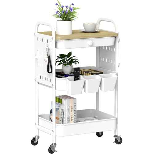 danpinera Rolling Utility Cart with Drawer, 3 Tier Rolling Cart with Wheels, Hooks & Hanging Cups, Craft Cart Art Cart Snack Cart Rolling Storage Cart with Wooden Table Top & DIY Pegboards, White