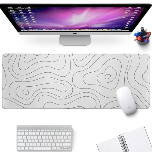 LLZDEUAN White Topographic Map Gaming Mouse Pad 31.5x11.8 Inch Desk Mat Non-Slip Edge