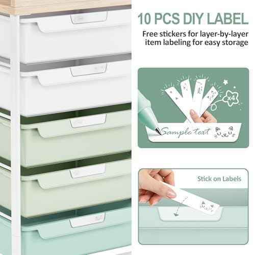 Rolling Storage Cart with 10 Large Drawers, Utility Cart with Wooden TableTop for Craft Organizers, Art Supply Storage, Home Office Organization, Cart with Wheels for Classroom, School, Green