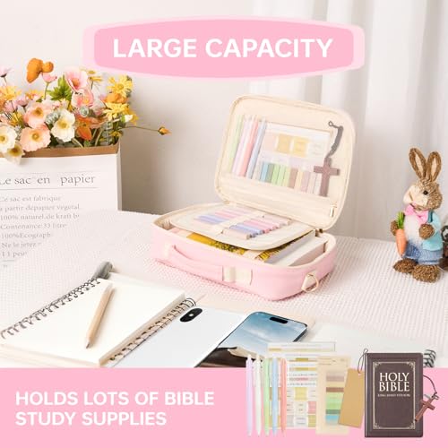 Bible Cover Case for Women Bible Study Supplies Large Preppy Chenille Pink Leather Bible Carrying Tote Bag Letter Bible Case Christmas Christian Gifts for Women Girls (Pink, Large)