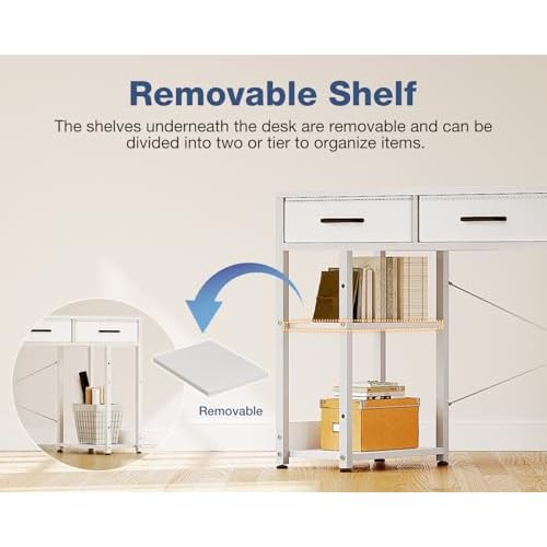 Casaottima Small Office Desk with Fabric Drawers, Computer Desk with Storage Shelves, Modern Writing Table, 48" Home Desk, Pure White