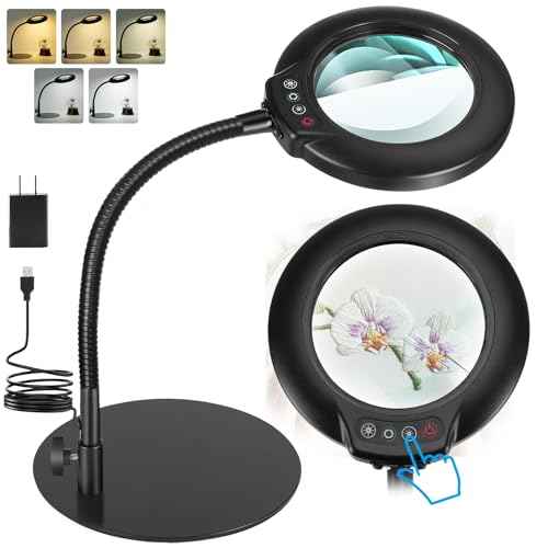 10X Magnifying Glass with Light, Flexible Gooseneck Lighted Magnifier with Stand, 5 Color Modes Dimmable LED Desk Lamp Hands Free for Crafts Painting Sewing Jewelry Reading Close Work