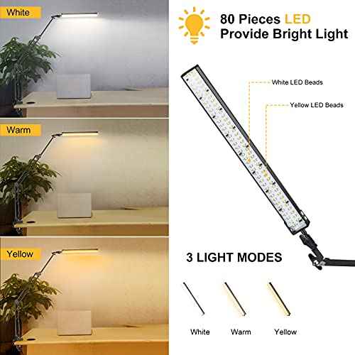 Toolour LED Desk Lamp with Clamp,2-in-1 Clip on Desk Lights with Base,50.7" 3-Section Swing Arm Architect Lamps,Memory Function Desktop Light Bar for Home Office Workbench Reading Craft Drafting