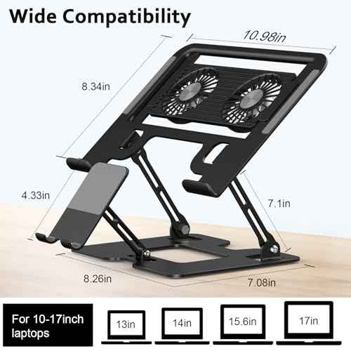 Laptop Stand with Fan, MacBook Cooling Stand with 2 Removable Silent Fans and Phone Holder,Adjustable Height and Angle,Laptop Cooling Pad for 10-18 Inch Laptop,MacBook Pro,Tablet (Black)