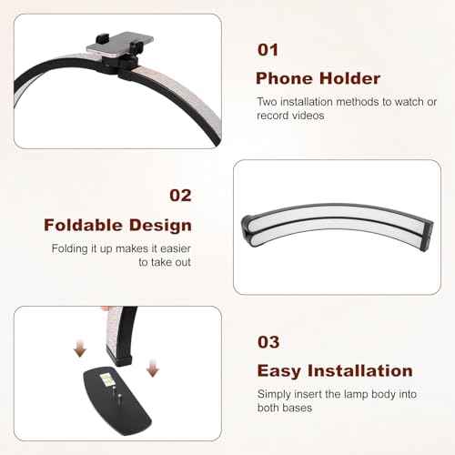 FAHKNS Half Moon Light for Nail Desk with Shining Diamond, 28IN LED Lamp with Phone Holder, Desk Lamp with 10 Levels of Adjustable Brightness, 3000-6500K Color Temperature, Black