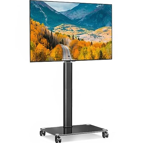 FITUEYES Mobile TV Stand with Wheels for 32-60 65Inch Screen, Rolling TV Floor Stand with Mount, TV Cart with Black Tempered Glass Base & Wire Management, Holds 66 lbs