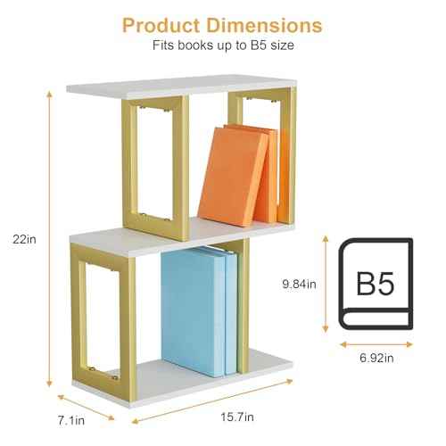 Book Shelf, 3-Tier Desk Shelf for Desktop Organizer, Wood and Metal Desktop Shelf Display Shelf Desk Hutch for Dorm Office Home White with Gold