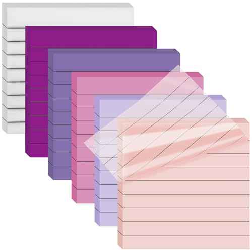 3x3 Inch Transparent Sticky Notes 300 Sheets, Clear Translucent Lined Self-Adhesive Memo Repositionable Reminder Pad for Office, College Students, Planners, Journals, School Supplies (Purple)