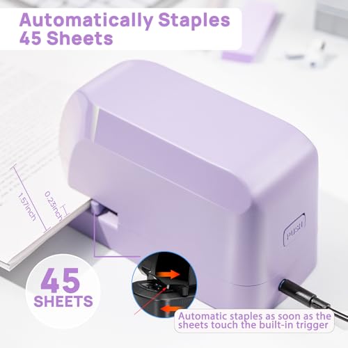 SYLCXX Electric Stapler for Desk – 45-Sheet Capacity, Purple Value Pack (Includes Staples & Remover) with AC Adapter