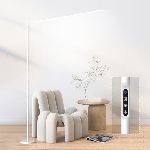 LED Reading Floor Lamp, White Standing Lamp with Touch Control Dimmable 5 Color Temperature, Eye-Caring Bright Floor Reading Light for Bedroom Office