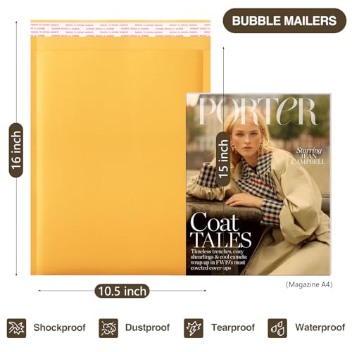 UCGOU Yellow Kraft Bubble Mailers 10.5x16 Inch 25 Pack - Usable Size 10.5x15"