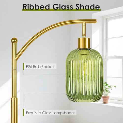 Glass Floor Lamp for Living Room, Modern Green Standing Lamp with Ribbed Glass Lampshade Pedal Switch, 67¡± Tall Lamp for Bedroom Study Room