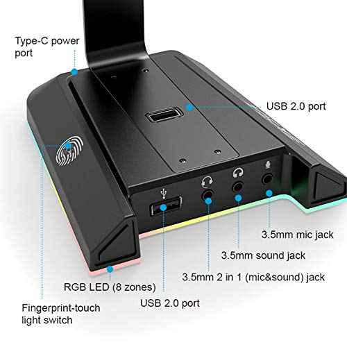 EKSA Headphone Stand, RGB Gaming Headset Stand for Desk with 7.1 Surround Sound, Headphone Holder with 3.5mm Aux and 2 USB Ports, Aluminum PC Gamer Headset Accessories for All Headphones Size
