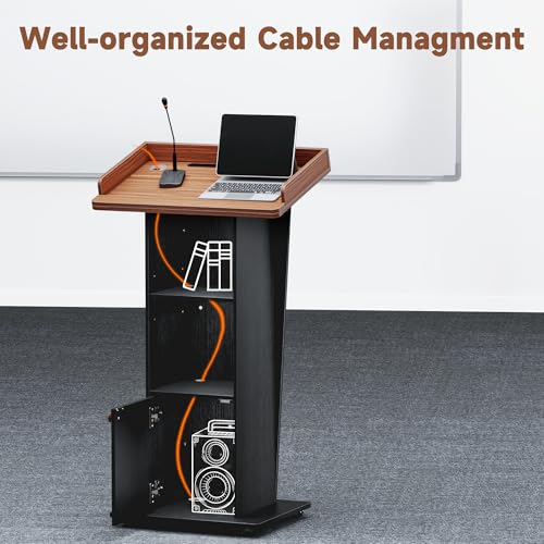 Podium Stand with Wheels & Cabinet, 15° Tilted Tabletop – Black Brown Variation
