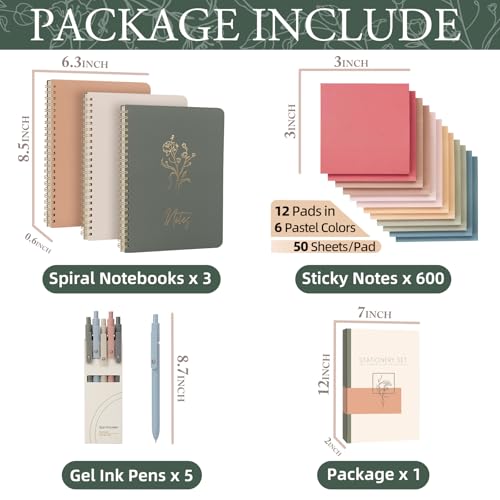 Cute Spiral Notebook Set For Women, Bible Journal Set, 3 Pack A5 Spiral Notebook + 5 PCS Gel Pens + 600 Sticky Notes + Gift Box, Aesthetic Gift Set for Work Students School Office Supplies