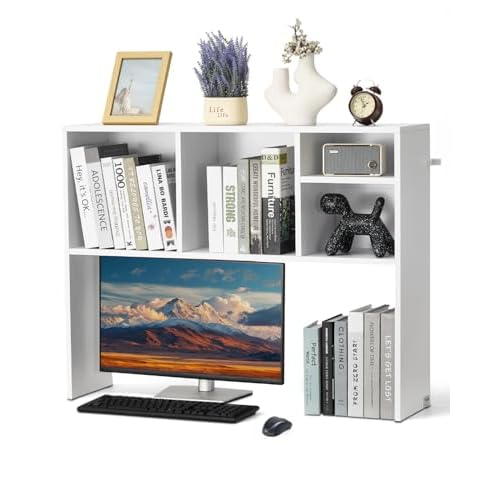 VEVOR Desktop Bookshelf, Storage Organizer with 5 Shelves for Computer Desk, Wooden Shelf Desk Hutch with Anti-Slip Feet Pads, Desk Top Display Rack for Office, Home & Dorm, White