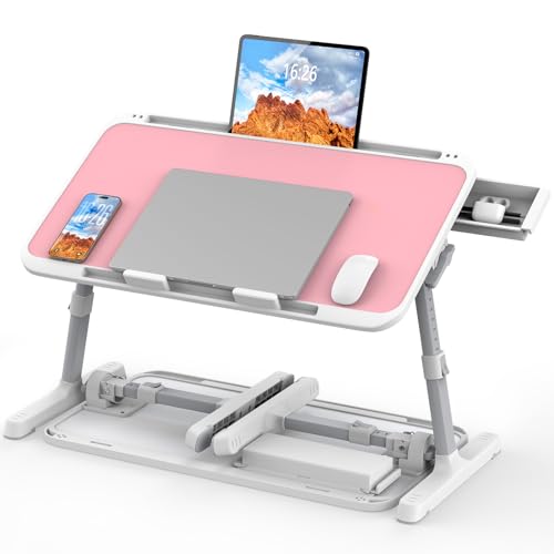 HETTHI Pink Adjustable Laptop Bed Tray Table with Drawer, Portable & Foldable