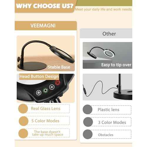 10X Magnifying Glass with Light, 5 Color Modes Stepless Dimmable Flexible Gooseneck LED Hands-Free Desk Lamp, Stand Lighted Magnifier for Crafts, Sewing, Reading, Painting, Hobby, Close Work