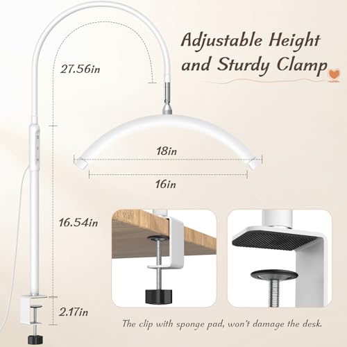 Half Moon Light with Clamp, LED Manicure Table Lamp, Desk Lamp for Nail Desk, Eyelash Extensions, Skincare and Tattoo, 5 Brightness Levels and 5 Color Modes, Remote Control (White)