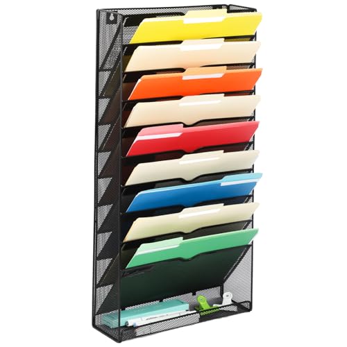 EASEPRES Desk File Organizer Mesh 11-Tier, Hanging Wall Mount Document Organization Stand, Desktop Vertical Mail Paper Folder Holder Rack with Bottom Tray for Office Home Cubicle Countertop, Black
