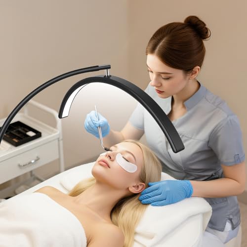 19-inch Half Moon Lash Lamp for Eyelash Extensions - Pro LED Light for Eyetech,Tattoo Artists,Estheticians,Adjustable Gooseneck, Dimmable Cool/Warm Lighting & Brightness (Black-Tool Tray)