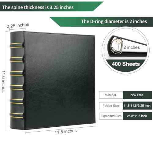 Vintage Hardback 3 Ring Binder 2 Inch, Professional Leather Binders 2 Inch D Ring, Holds 400 Sheets Capacity 2 Pack - Dark Green
