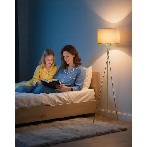 Lightdot 62IN Tripod Floor Lamps for Living Room, Modern Standing Lamp with Off-White Fabric Shade, Mid Century Industrial Standing Tall Lamp for Bedroom, Home Office-Gold