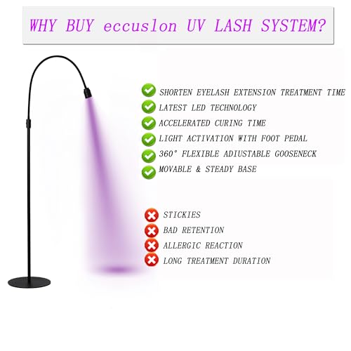 12W UV Lash Light with Foot Pedal, Lash Lamp for Eyelash Extension Grafting Eyebrow Beauty Salon, Lash floor Lamp for Eyelash Tech, Rapid Dry in 2 Seconds, Adjustable Angle and Light Spot Size, Blac