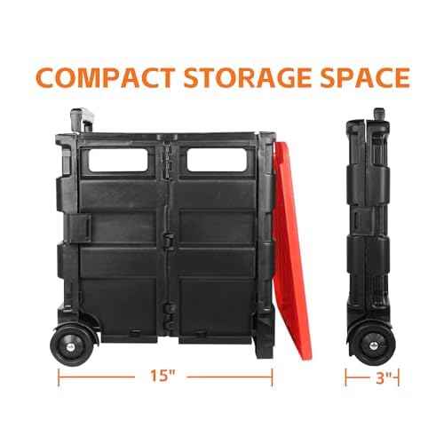 MaxWorks 50919 Portable Rolling Folding Dolly ? Black Collapsible Utility Cart with Durable Wheels, Extra Storage & Easy-Fold Design for Shopping, Teaching, and Office Use