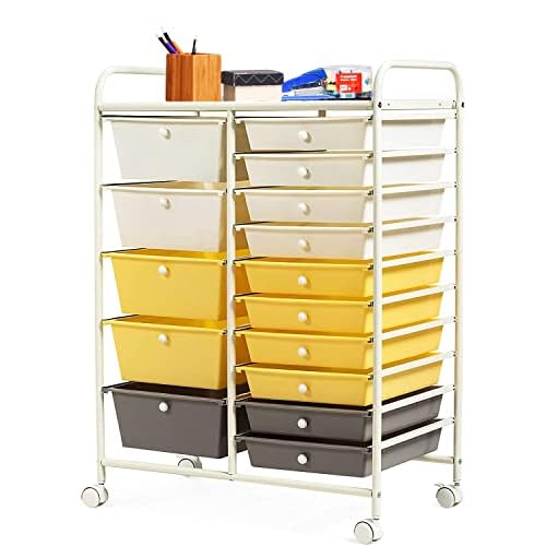 HAPPYGRILL 15-Drawer Rolling Cart, Storage Carts with Removable Drawers & Steel Frame, Utility Cart on Lockable Wheels for Home, School, Office, Yellow