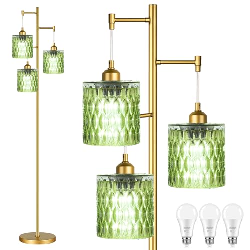 Gold Floor Lamp for Living Room Bedroom,3 Lights Vintage Tree Floor Lamps with Green Glass Shades,Mid Century Modern Floor Lamp for Corner Office,68IN Unique Tall Standing Lamp with Bulbs
