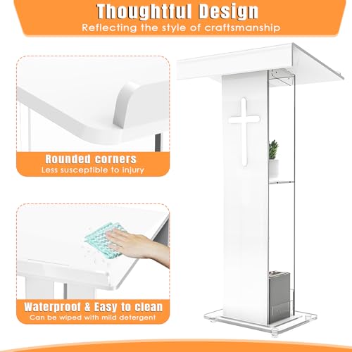 45.3in Acrylic Podium Lectern with Cross Design, Double Shelves - Easilywinlife