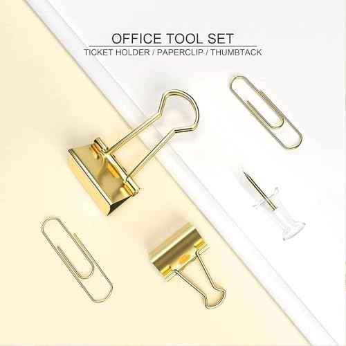 10 Pack, Gold Paper Clips and Binder Clips Set, Metal Assorted Sized Binders with Push Pins, Cute Gold Office Supplies for Desk, Desk Accessories