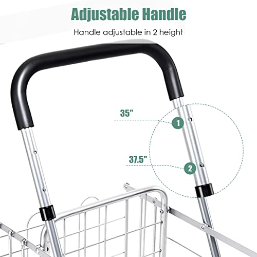 Byroce Utility Folding Shopping Cart, Lightweight Trolley with Handle, Large Grocery Utility Cart with Swiveling Wheels and Dual Storage Baskets, Ideal for Laundry Book Luggage Travel (Silver)