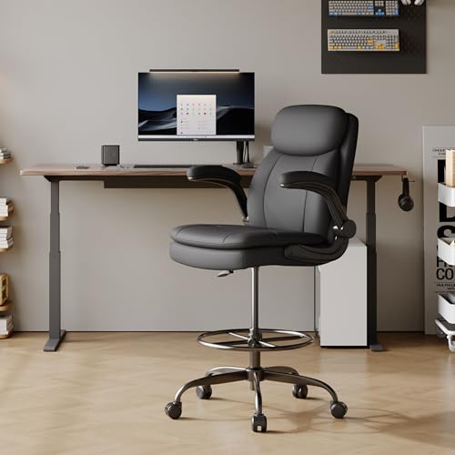 Misolant Black Drafting Chair for Standing Desk - Tall Leather Office Chair with Adjustable Height & Flip-up Armrest