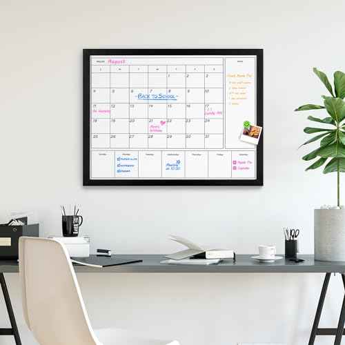 3-in-1 Dry Erase Calendar for Wall, 23.6x17.7 inches Magnetic Surface Monthly & Weekly Planner Whiteboard, Dry Erase Board with Black Wood Frame, Hanging White Board Calendar(YL+ZL-BK,4560)