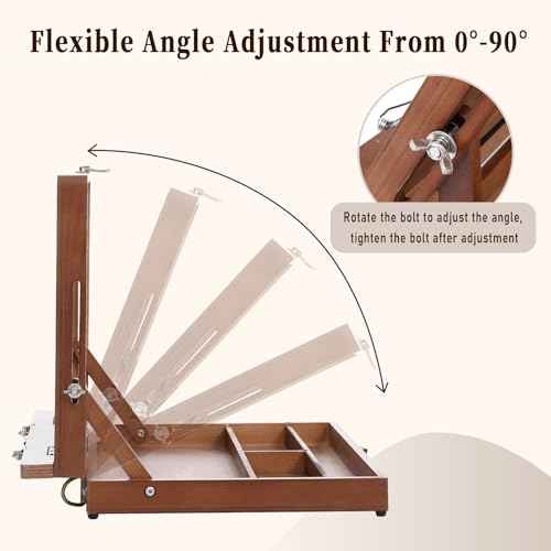 A3 Tabletop Easel for Painting with Page Clips and Strap, Desktop Art Easel, Adjustable from 0¡Æ to 90, Indoor Outdoor, Wooden Drawing Board for Sketching, Book, Diamond Art for Students, Beginner