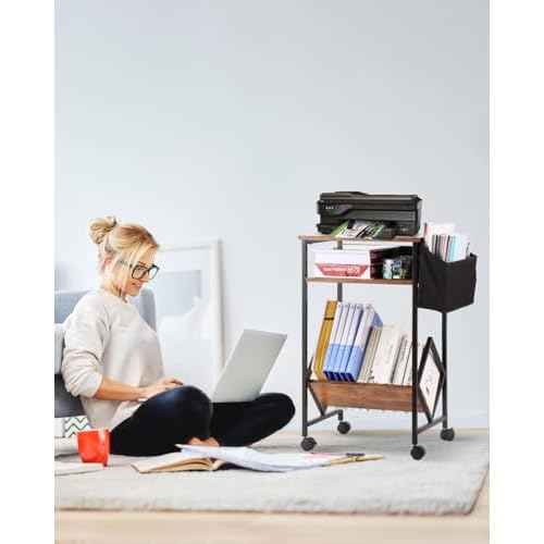 KATHY&BOB 3-Tier Printer Stand Mobile File Cabinet for Home Office with Side Storage Bag, Rolling Filing Cabinet with Open Storage Shelf, Fits A4 or Letter Size, Brown Under Desk Organizer