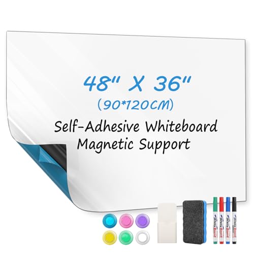 MaxGear White Board 48"x36" Adhesive Dry Erase Board Large Whiteboard Sticker for Wall, Big Wallpaper for Office, Classroom, Home, 4 Markers, 1 Marker Holder, 1 Eraser, 4 Magnets, 4' x 3'