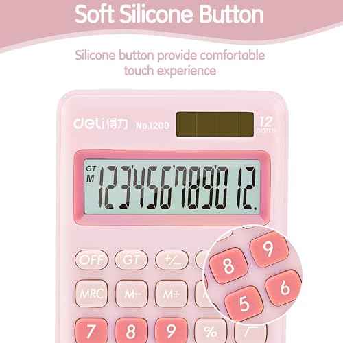 Deli Standard Function Basic Calculator, 12 Digit Desktop Calculator with Large LCD Display, Solar Battery Dual Power Office Calculators, Pink
