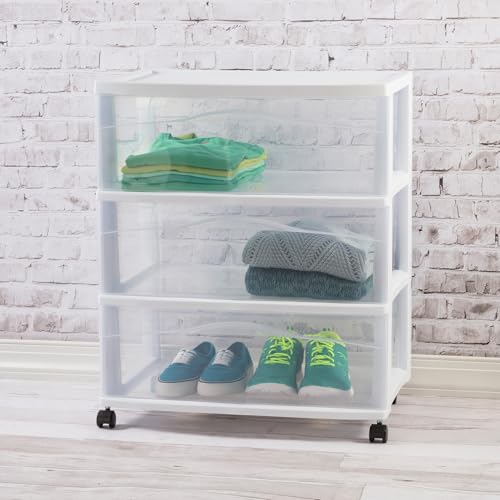 Sterilite Wide 3 Drawer Rolling Storage Cart - White, Plastic Organizer, 15.4x21.9x24.5 in