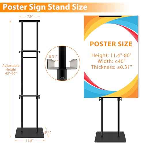 Poster Stand Heavy Duty - Adjustable Pedestal Sign Stand Double-Sided Poster Stands for Display Foam Banner, Poster Board Stand Floor Standing Sign Holder Height Up to 80 Inch, Black 1Pack