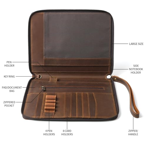 Ringsun Genuine Leather Portfolio with Zipper, Padfolio Portfolio Organizer Folder for Men Women, Professional Business Card Holder for A5 Letter Size Notepad, Resume, Writing Pad, Pen Loop