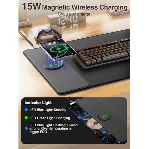 2-in-1 Mouse Pad with Magnetic Wireless Charging, Gaming Mouse Pad, 31.5"*15.8" Large Desk Mat for Laptop/Keyboard, Waterproof Smooth Surface, Non-Slip Base, Black