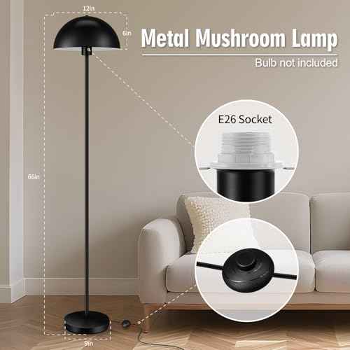 Modern Mushroom Floor Lamps for Living Room 66Inch, Tall Industrial Floor Lamp, Black Metal Standing Lamp with Dome Shade, Mid Century Loft Corner Reading Lamp for Bedroom Office Nursery Room, NO BULB
