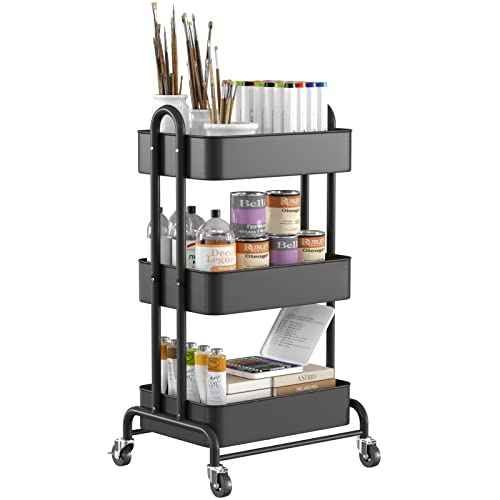 Ceayell 3-Tier Metal Rolling Storage Cart Heavy Duty Utility Cart Organizer with Lockable Wheels