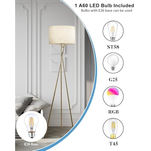 Lightdot 62IN Tripod Floor Lamps for Living Room, Modern Standing Lamp with Off-White Fabric Shade, Mid Century Industrial Standing Tall Lamp for Bedroom, Home Office-Gold